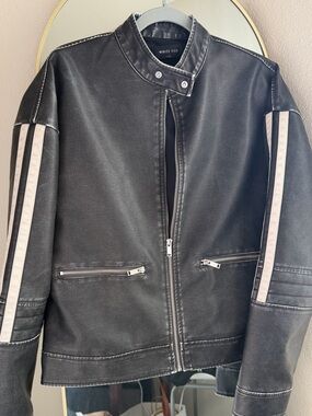 White Fox Boutique Black Faux Leather Jacket with White Sleeve Stripe